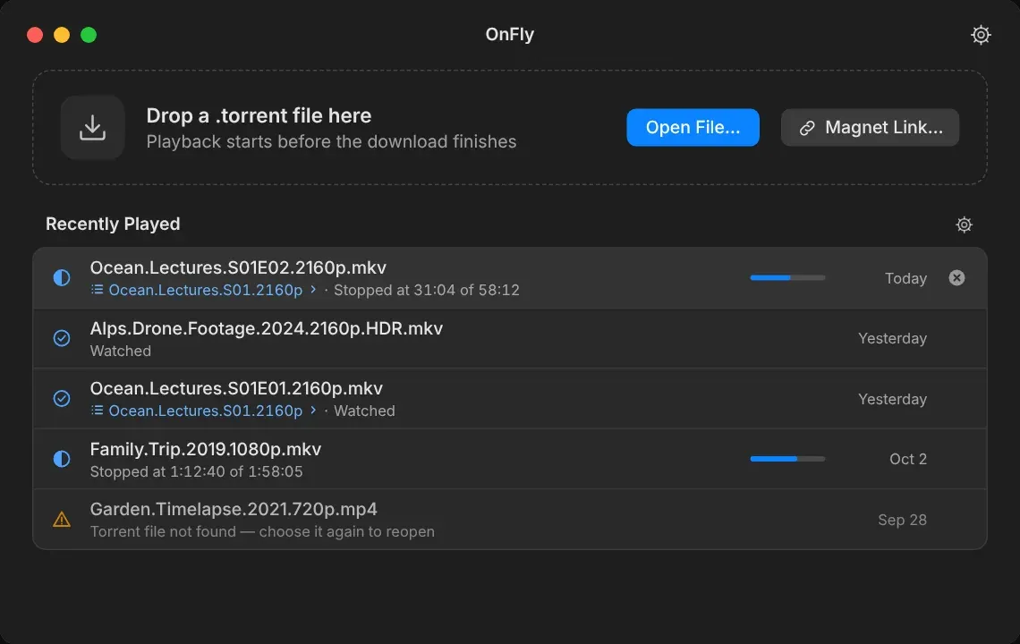 OnFly start window with a drop zone and a Recently Played list showing progress for each video