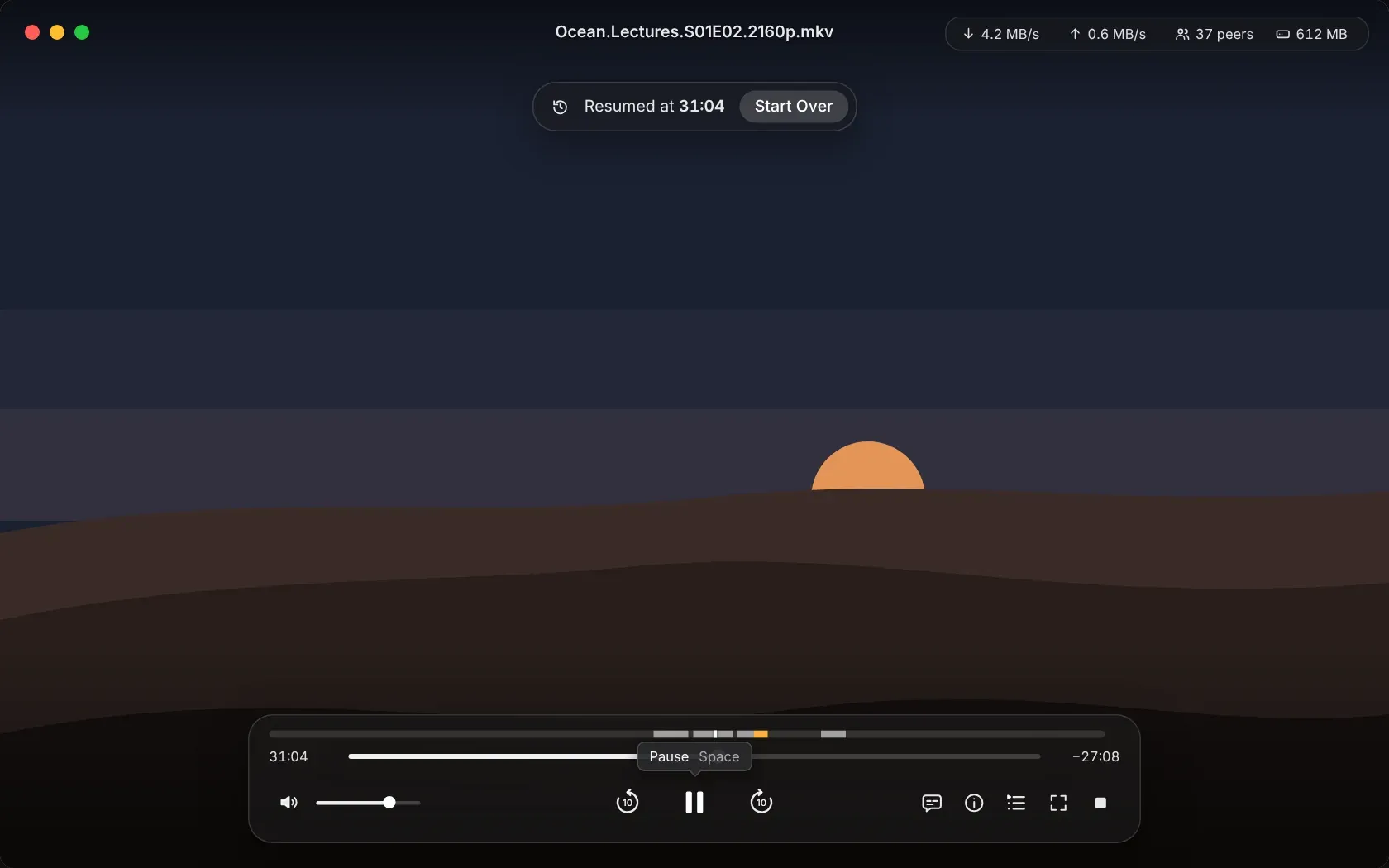 OnFly player showing a lecture video, resumed at 31:04 with a Start Over button, transfer statistics in the title bar and a piece map above the timeline
