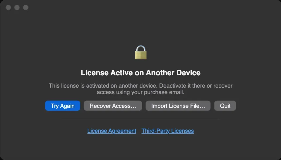 OnFly window titled License Active on Another Device, with the buttons Try Again, Recover Access…, Import License File… and Quit. Recover Access… is outlined and marked with step 2