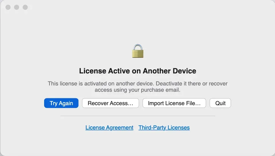 OnFly window titled License Active on Another Device, with the buttons Try Again, Recover Access…, Import License File… and Quit. Recover Access… is outlined and marked with step 2